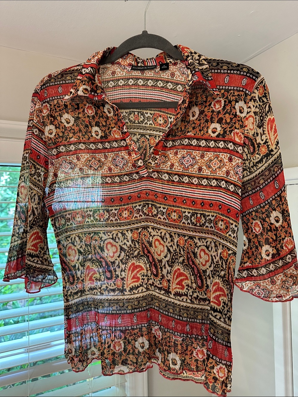 Essentials by Milano Red Black Cream Patterned Boho Blouse